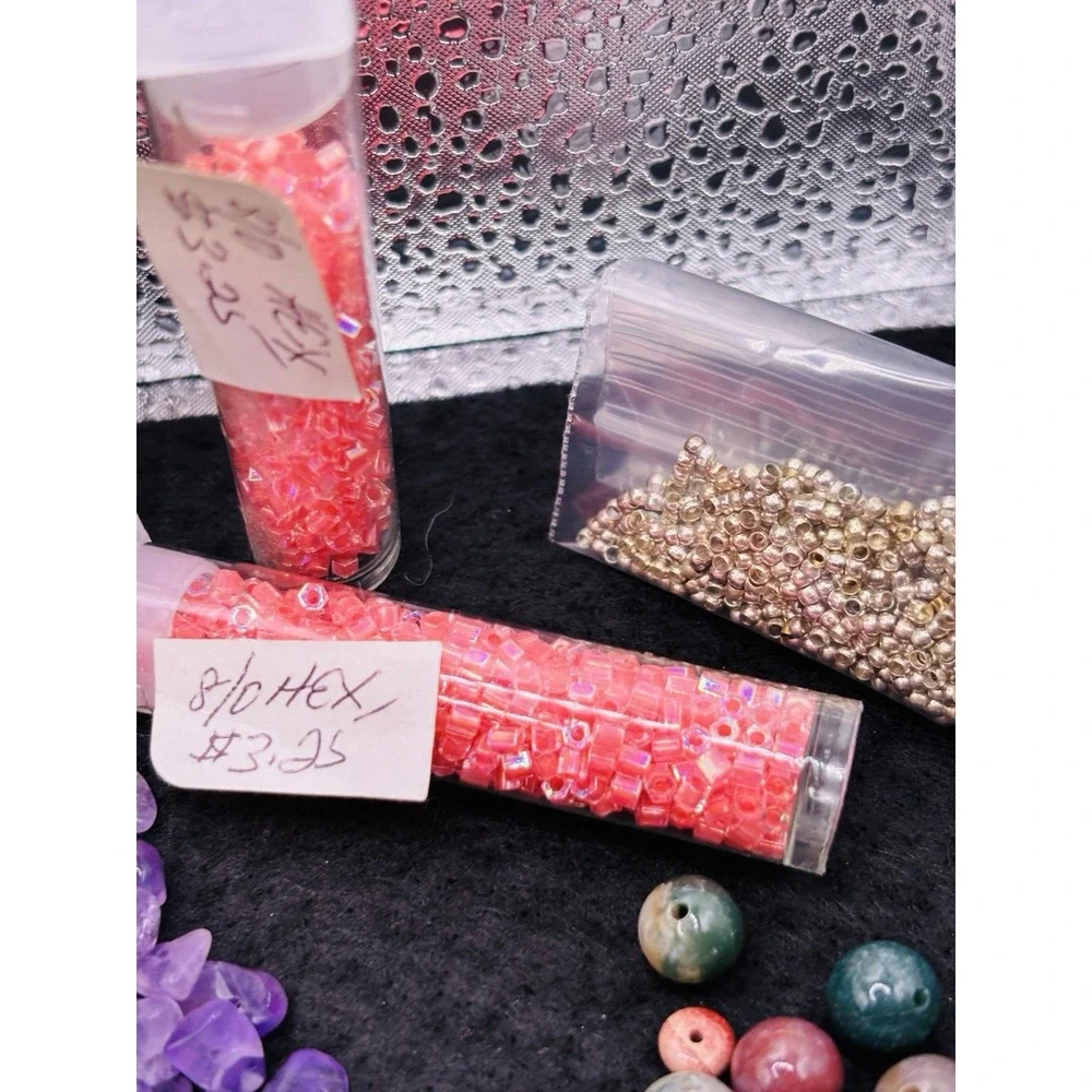 Lot of Jewelry Making Bead mix Amethyst Gemstone Chips Jade shell olive wood Hex